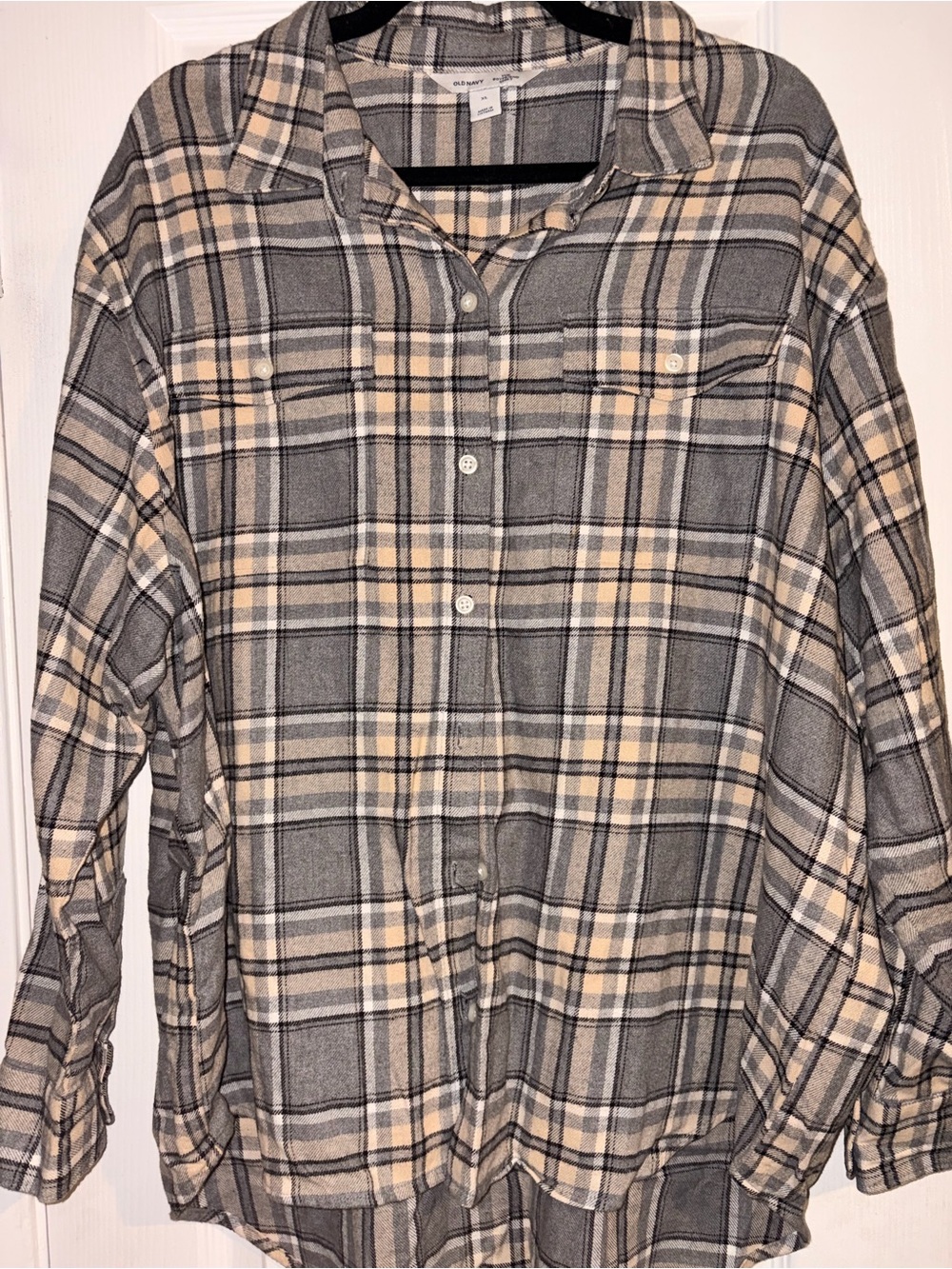 Old Navy Gray and Beige Plaid Men's Button-Down Shirt